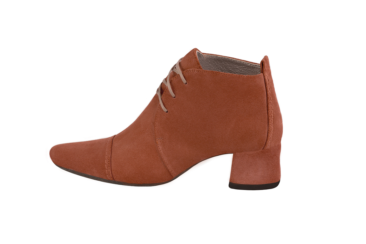 Terracotta orange women's ankle boots with laces at the front. Round toe. Low flare heels. Profile view - Florence KOOIJMAN